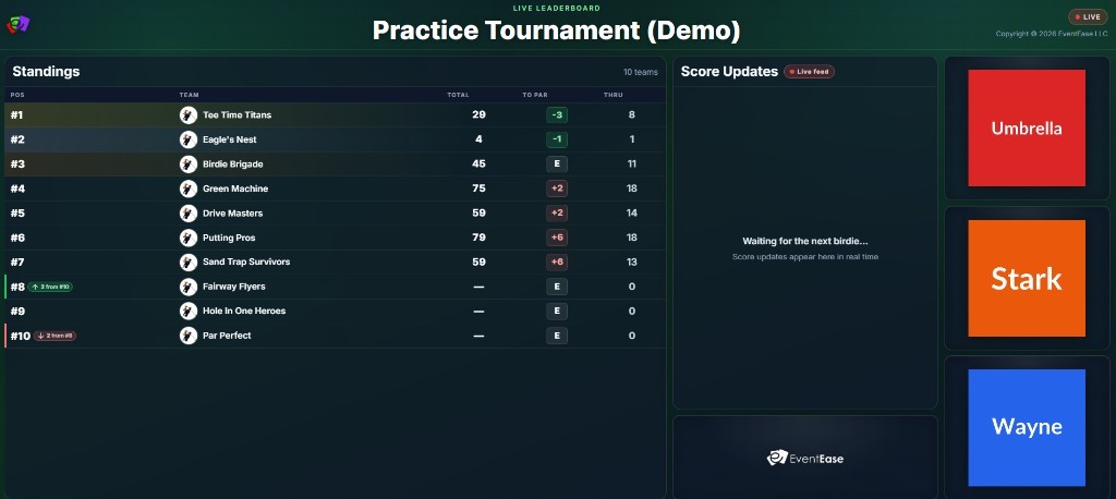 Clubhouse live leaderboard with team standings, score changes, and sponsor tiles